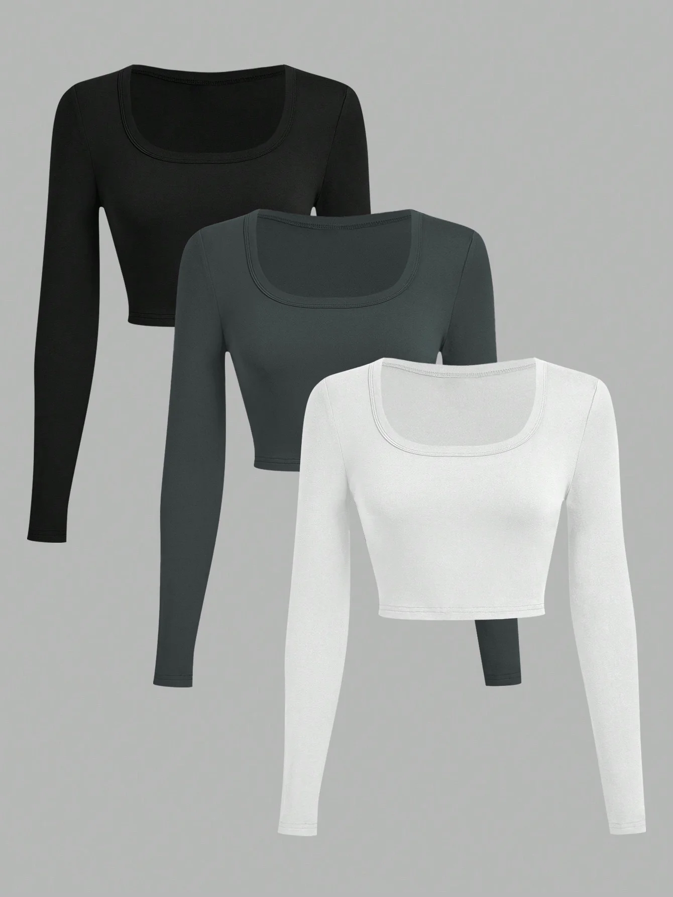 

Женская однотонная короткая футболка с длинными рукавами, модный и универсальный комплект из трех предметов.