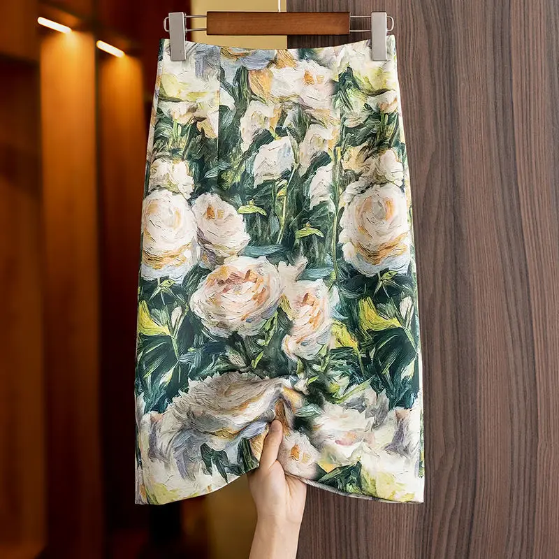 

2024 Spring Summer Women Elegant Slim Package Hip Skirts Female High Waist A-line Skirt Ladies Flower Printed Casual Skirts N258