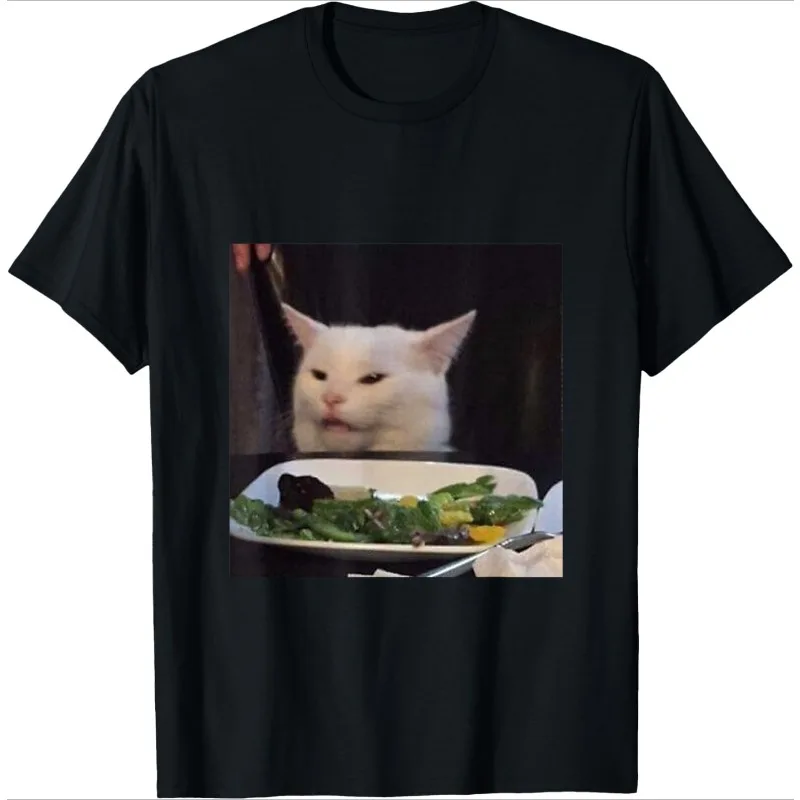 Funny Cat Salad Topo Serious Face Cat Meme Photo Print Design Casual Tee Women Daily Versatile Crew Neck Short Sleeve Casual Tee