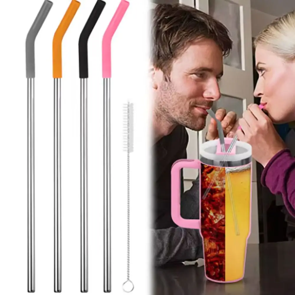 

12pcs Household 8MM Metal Straws Tips Cover Curved Silicone Straw Topper Reusable Straw Cover Party