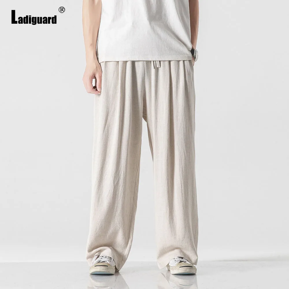 

Ladiguard Men Casual Wide Leg Cotton Linen Pants Men's Floor-Length Trouser Plus Size Mens Stand Pocket Drawstring Sweatpants