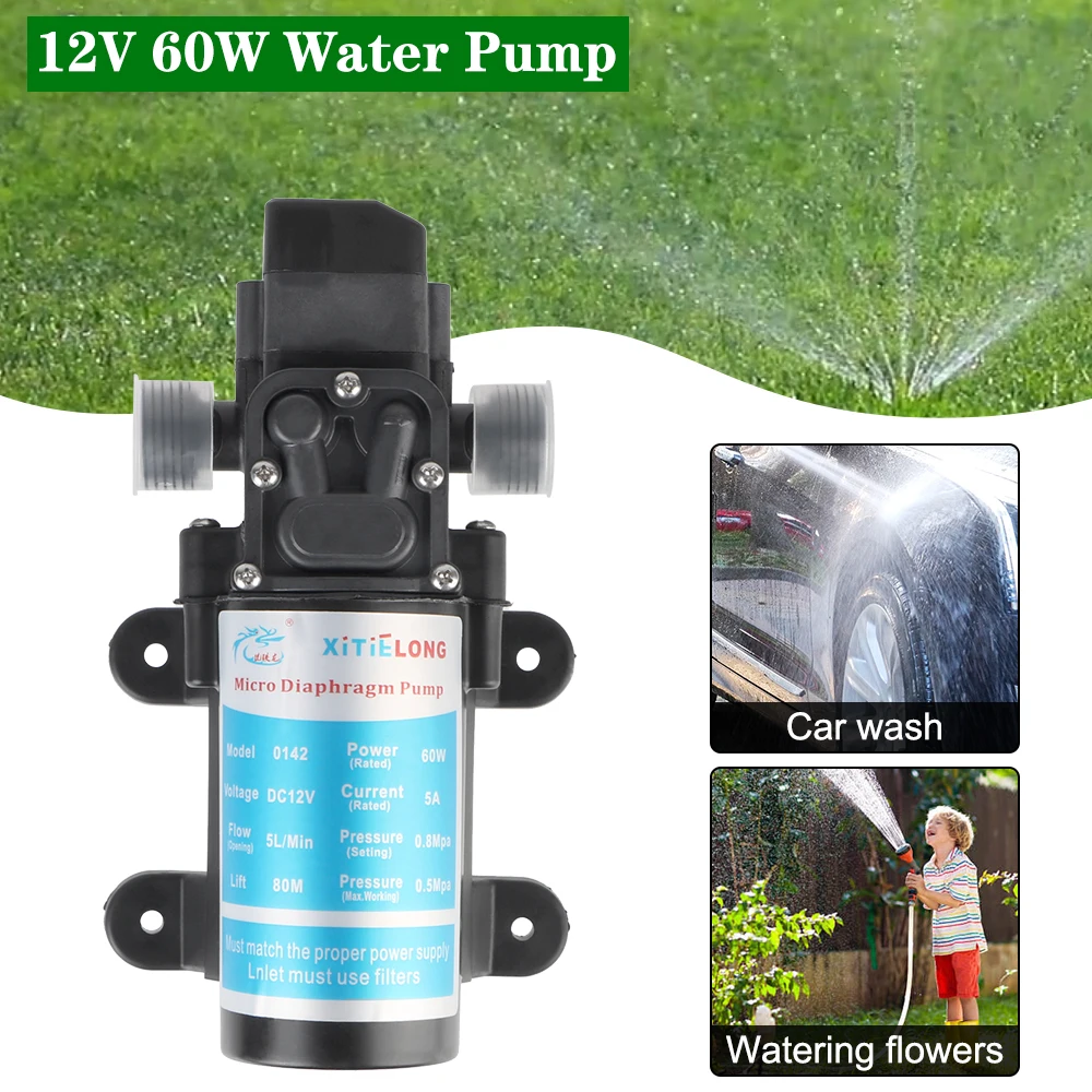 Agricultural Electric Water Pump 60W Self Priming Booster Pump Micro High Pressure Diaphragm 5L/min Water Spray Car Wash DC12V