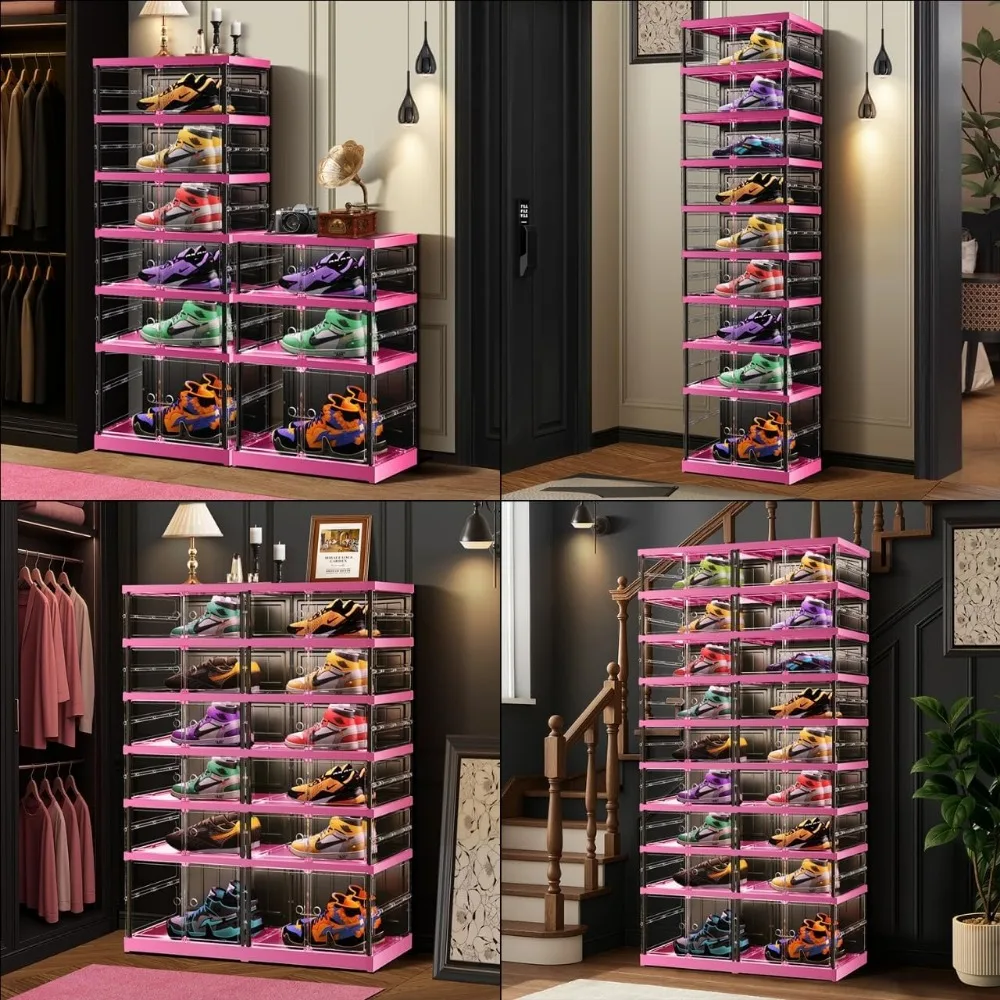 منظم تخزين الأحذية البلاستيكي الشفاف المكون من 9 طبقات قابل للتكديس لـ 18-36 زوجًا، مناسب للخزائن والمداخل #6