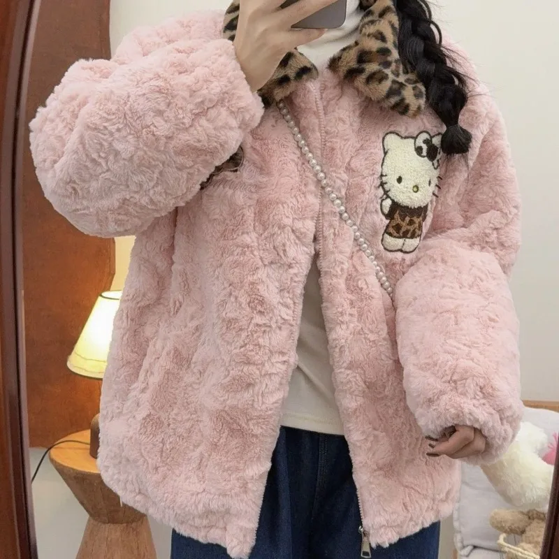 

Милая стеганая теплая шуба с лацканами и розовым леопардовым принтом Hello Kitty, уменьшающая возраст, модный повседневный универсальный кардиган, верхняя куртка