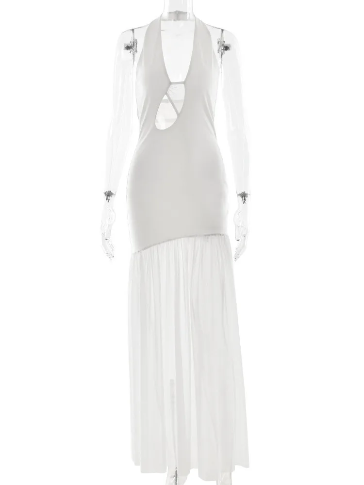 Articat élégant sans manches licou cou évider maille Patchwork femmes robe longue Sexy dos nu robe moulante fête robe de soirée