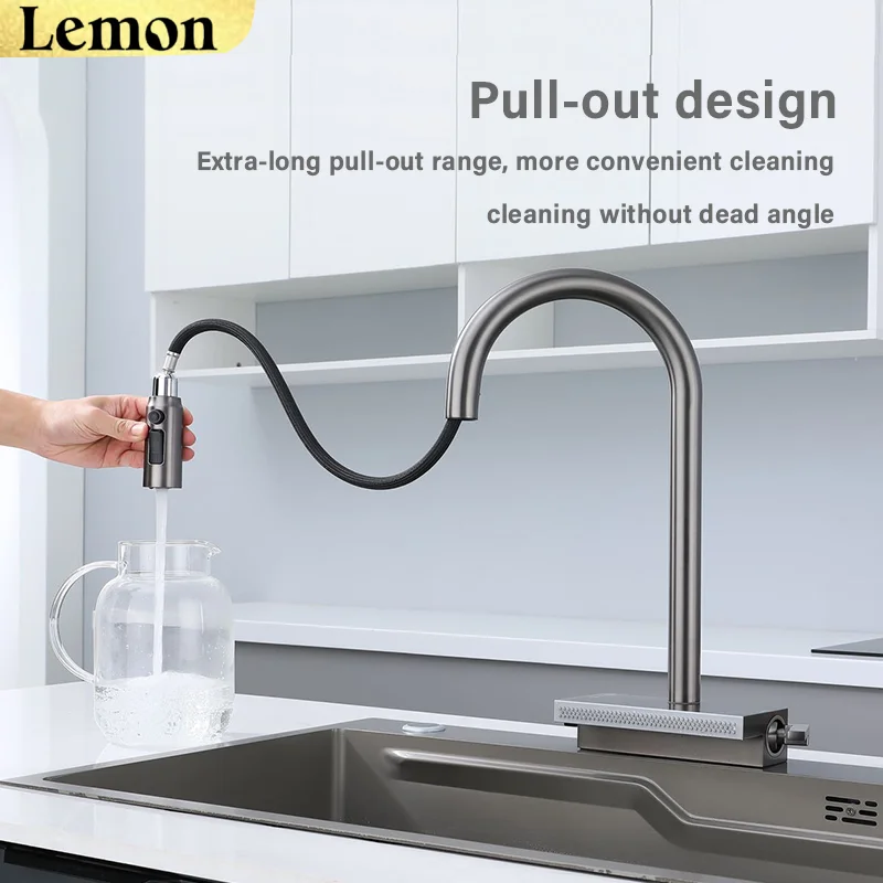 Kitchen pull-out stainless steel faucet, pull-out design, multi-functional pressurized spout, hot and cold dual control