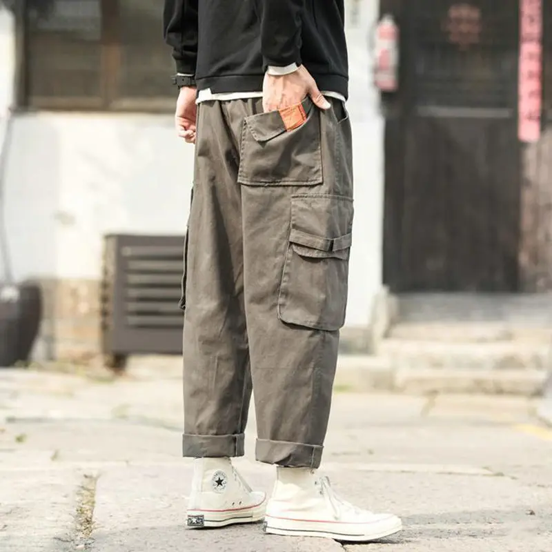 Brief Solid Color Personality Men's Cargo Pants Straight Cylinder Loose Street Casual Pure Cotton Street Casual Trousers 2023