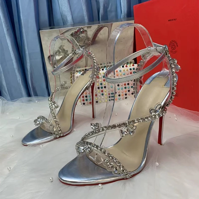 2023 New Sweet Crystal Chain Silver Color 12cm 10cm 8cm Thin High Heels Women Fashion Sandals Shoes