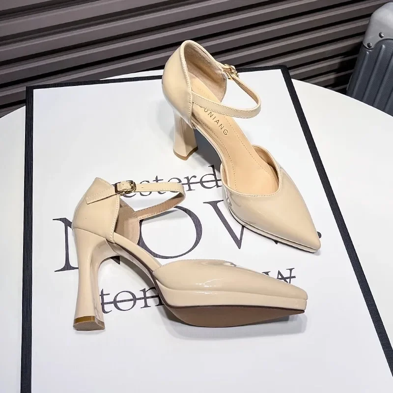 Cross Dresser Sexy Square Heel Plus:39 Patent Leather Zapatos Mujer Pointed Toe Buckle Strap Shoes Woman 10cm Stripper Pumps