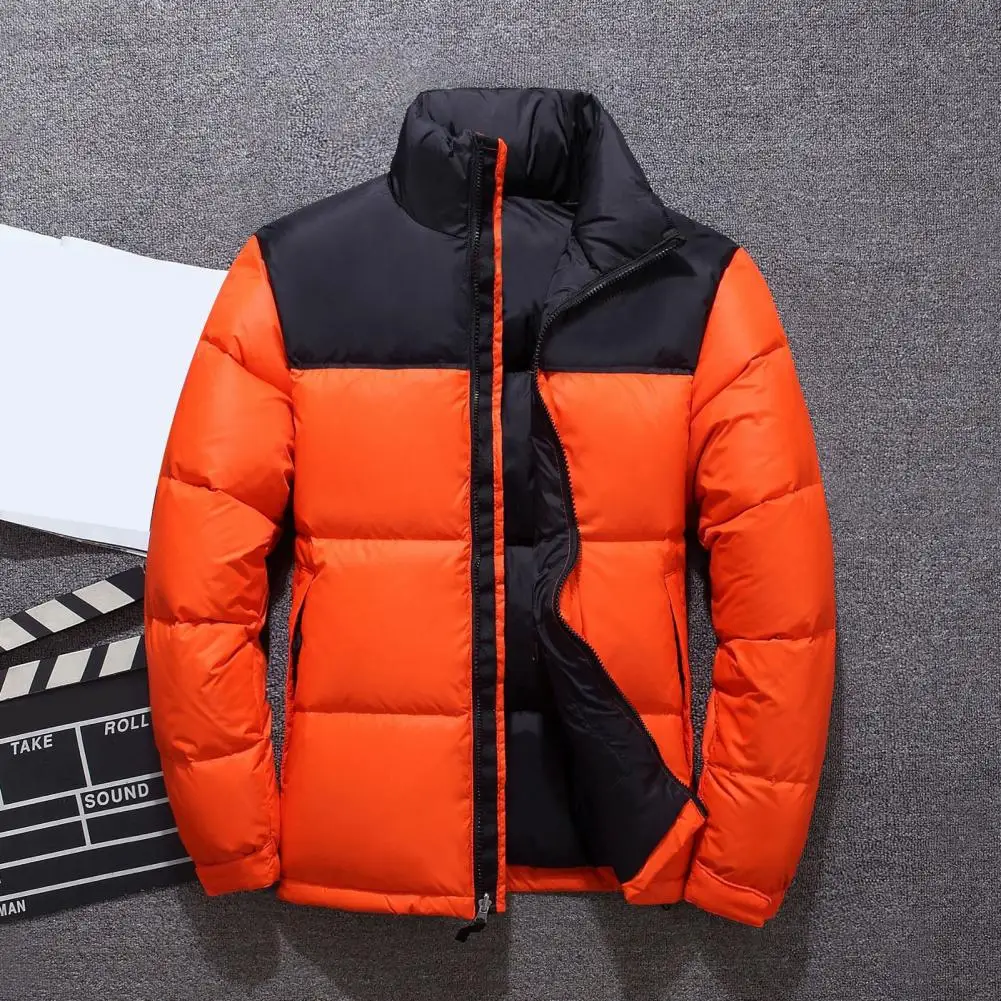 Cotton Coat with Zipper Pocket Men's Cotton Coat with Stand Collar Patchwork Color Windproof Cuffs Long Sleeve for Winter