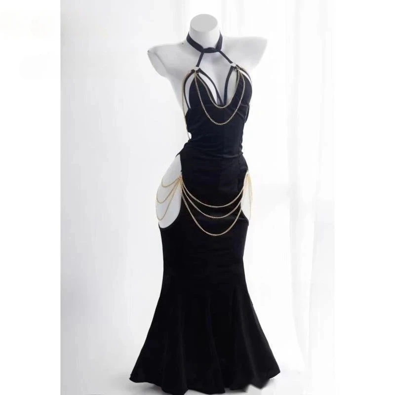 أزياء أنيمي أفرلورد ألبيدو التأثيرية فستان قفاز ملفوف على الورك مفتوح المنشعب تنورة ذيل السمكة حورية البحر السوداء للهالوين العود