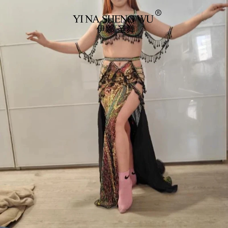 Women's Belly Dance Performance Costume Luxury Double Split Chiffon Bra Skirt 2pcs Egyptian Oriental Dance Competition Costume