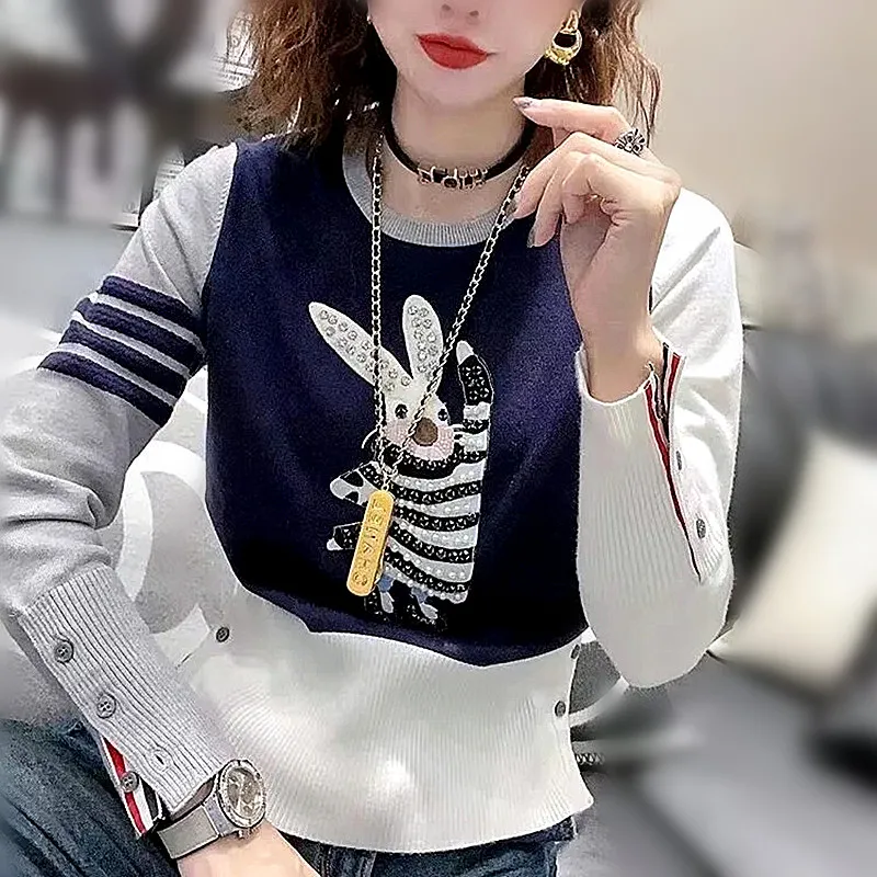 

Women Patchwork sweaters casual sweet Spliced Cute Cartoon Embroidery Diamond young ladies pullovers knitting Sweaters NZ90