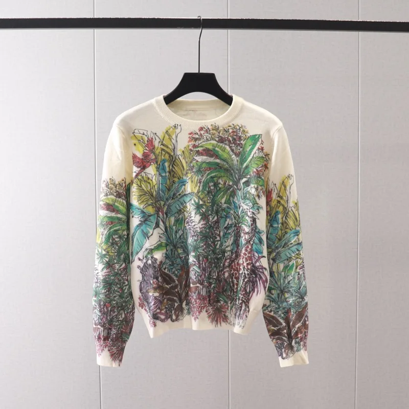 Coconut Tree Print Sweater Women Jumper Brand Luxury Knitted Colourful Sweater Floral Pullover Y2K Top Long Sleeve Shirt Female