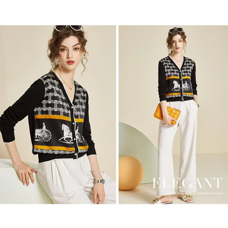 Spring and Autumn New Wool Sweater Female V-neck Mulberry Silk Coat Sweater Female Loose Top Female Knitted Cardigan