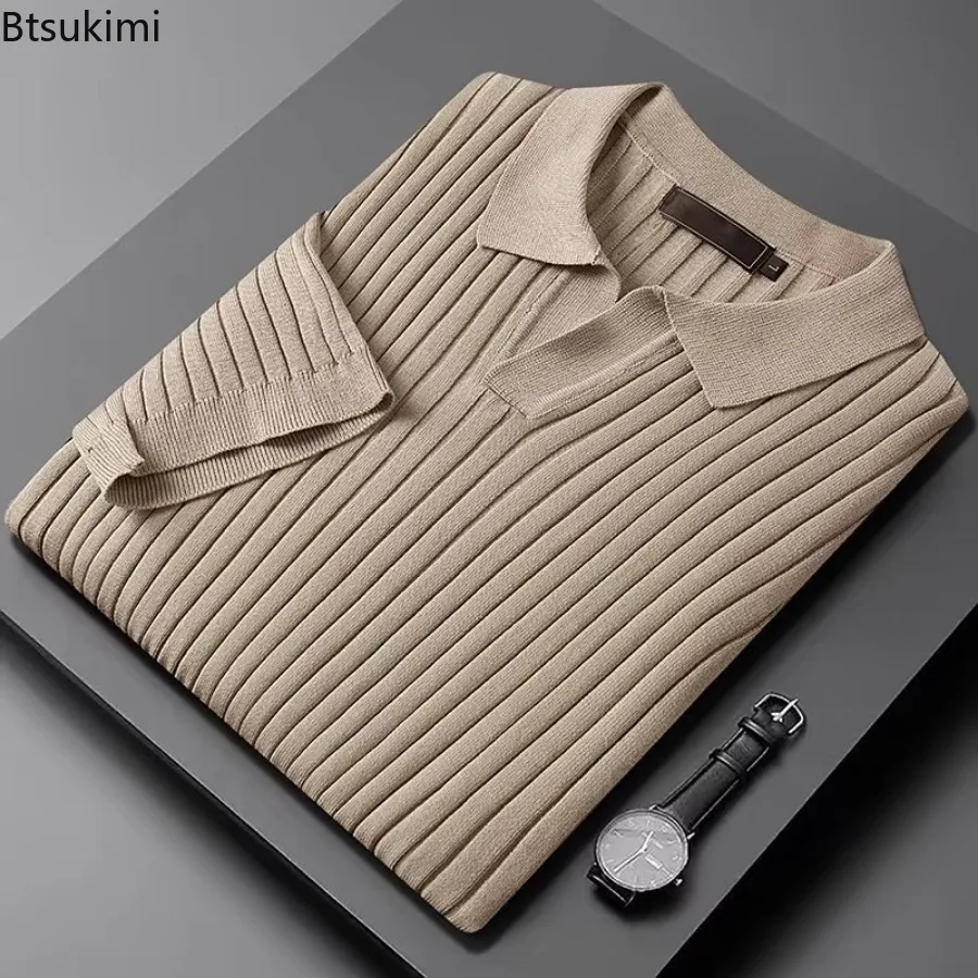 

2025Men's Summer Short Sleeve Ice Silk POLO Shirt Business Office Turn Down Collar Slim Fit Knitted Tee Shirt Tops Men Clothing