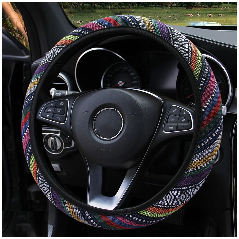 Automobile linen Steering Wheel Cover With Ethnic Style No Inner Car Elastic Band Ring Steering Wheel Cover Fits 14.5-15Inches
