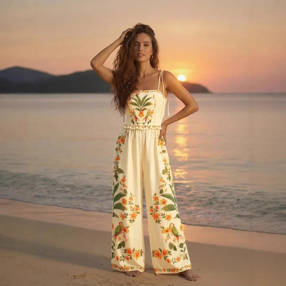 

2026 New Vacation Style Print Strapless Women Fashion Versatile Solid Color Elegant Temperament Wide Leg Jumpsuit