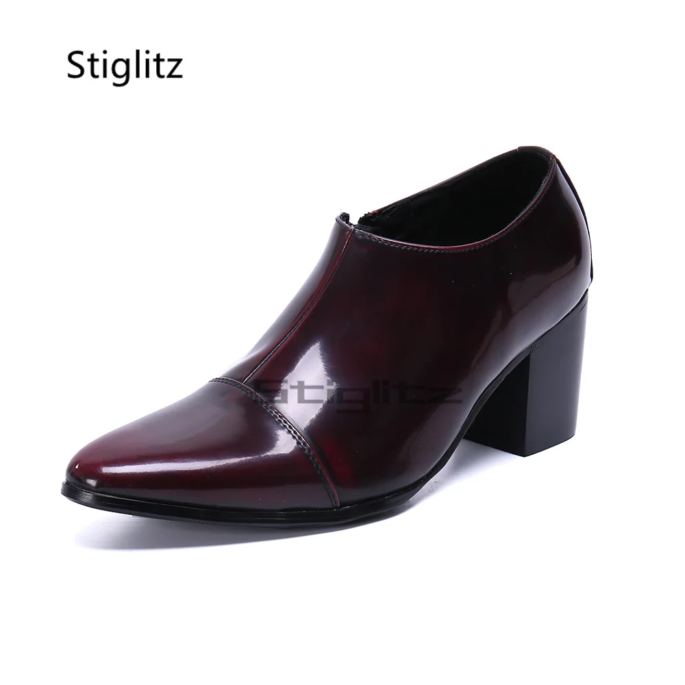 

Pointed Toe High Heels Leather Shoes for Men Retro Autumn Fashion Patchwork Black Wine Men's Shoes Party Runway Dress Shoes