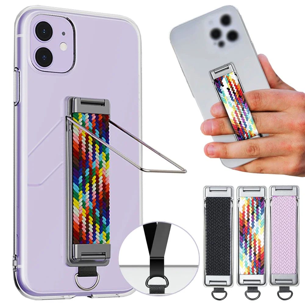 

Back-Mounted Mobile Phone Finger Ring Holder Stands Straps Universal Collapsible Cellphone Kickstand with Metal Lanyard Ring