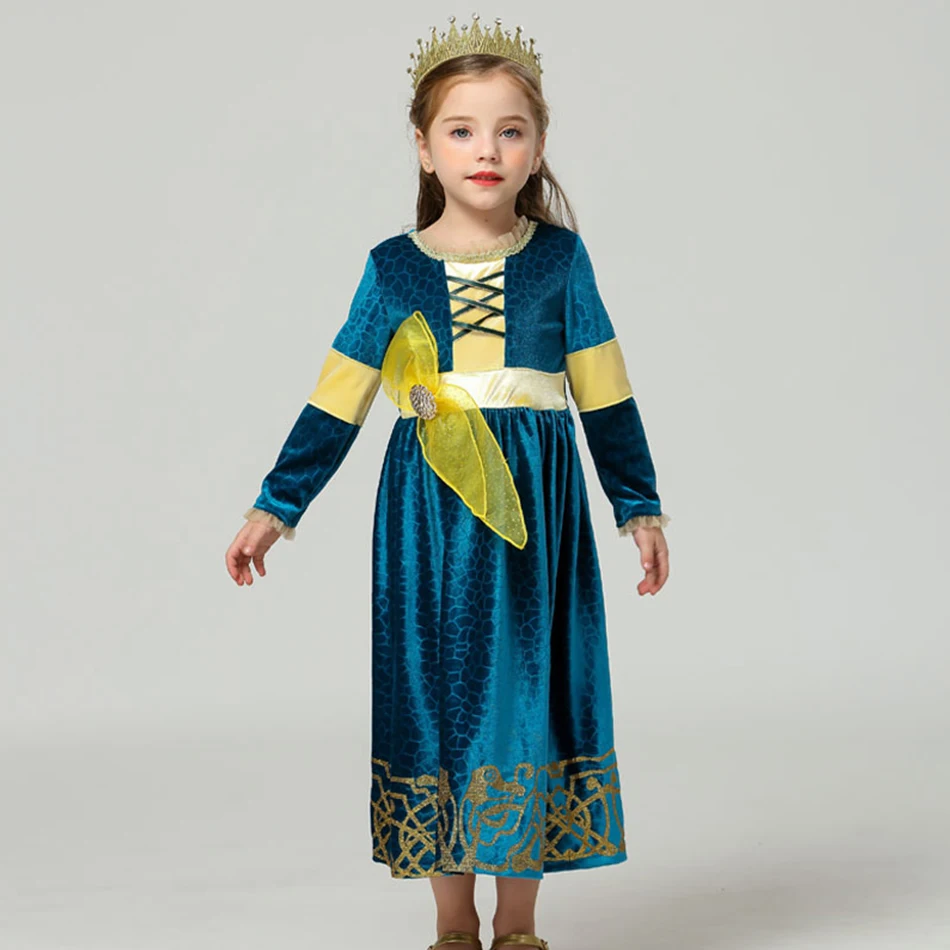 

Cartoon Movie Merida Cosplay Dress 2-10 Yrs Girls Long Sleeves Velvet Gown Kids Carnival Halloween Luxury Princess Costume