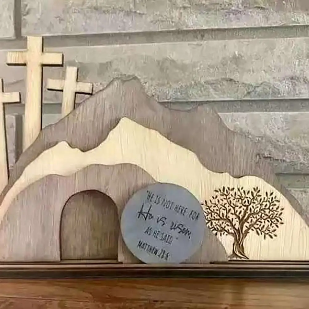 Décoration de Pâques artisanale en bois, tombe vide, scène de la Résurrection de Jésus, panneau de table, ornement catholique pour la maison