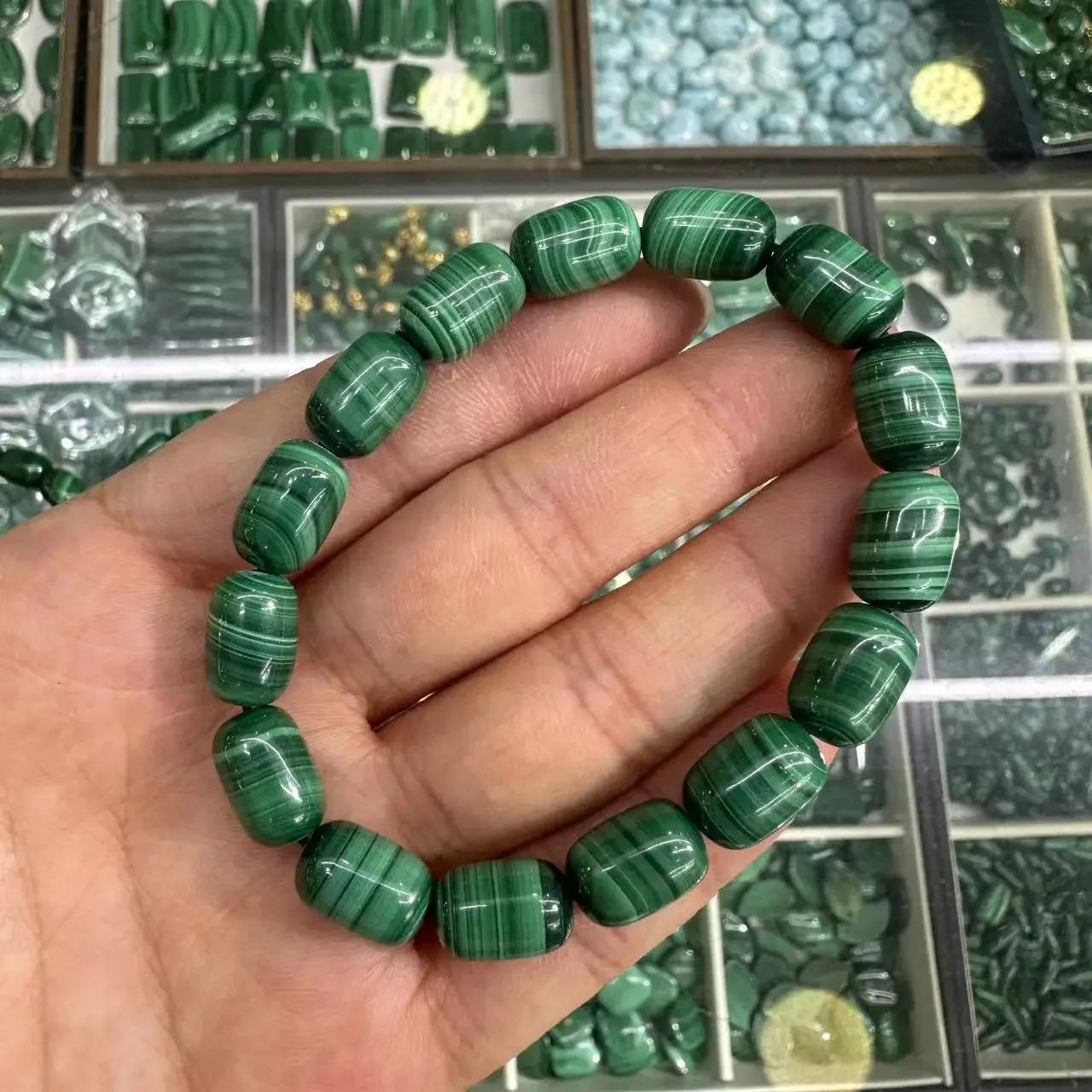 AAA Genuine Natural Green Malachite Chrysocolla Bracelet 8*11.5mm Women Men Healing Stone Stretch Rectangle Beads Crystal AAAAA