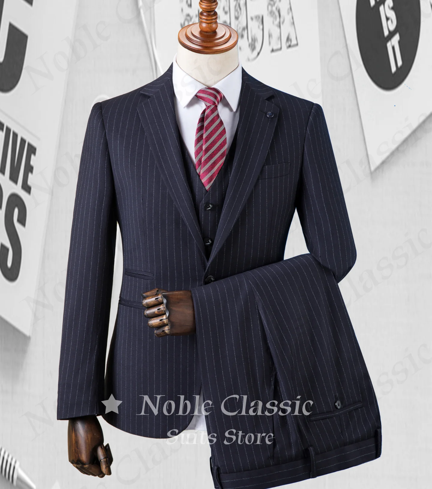 Men Navy 3 Piece Suit Vertical Pinstripe Notch Lapel Two Button Blazer Waistcoat Cuffed Straight Trousers Wedding Customized