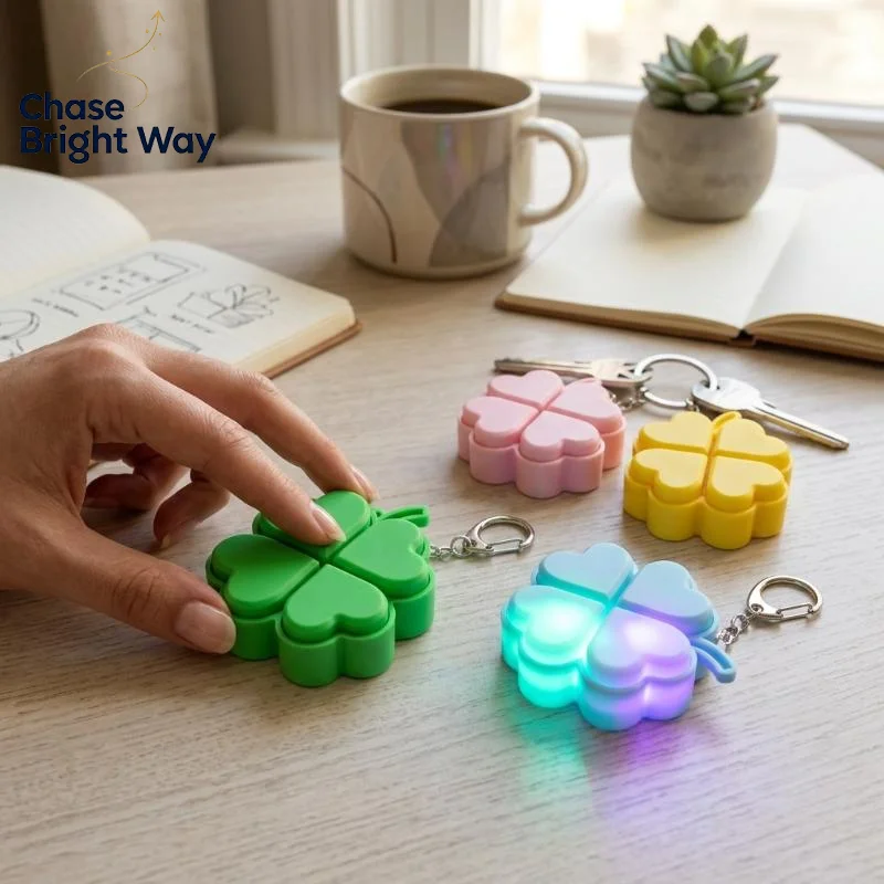 Lucky Four-Leaf Clover LED Keychain for Stress Relief with Clickable Buttons Home Office Use