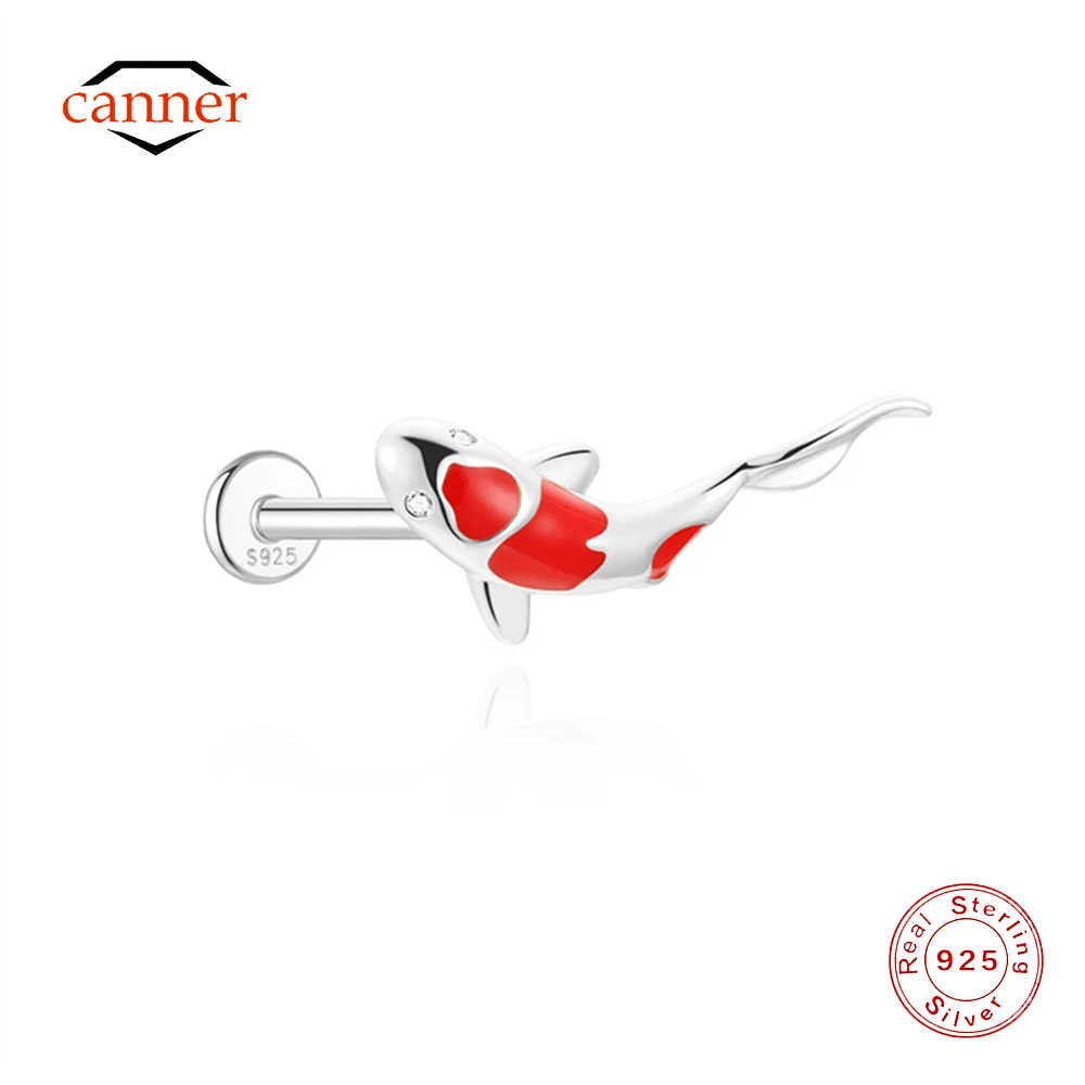 

CANNER 1PC Lucky Red Koi Piercing Ear Bone Stud For Women Ins 925 Sterling Silver Fine Jewelry Gift pendientes plata de ley 925
