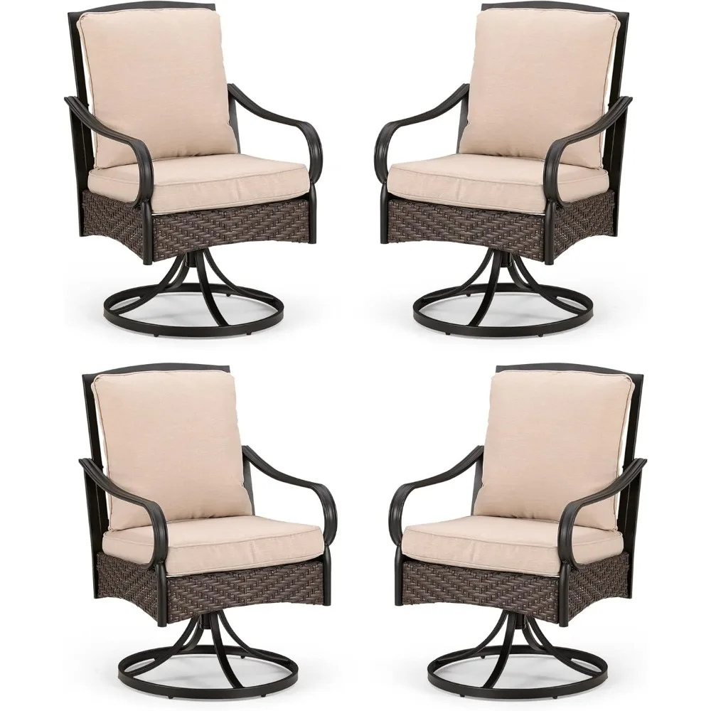 مجموعة كراسي دوارة للفناء مكونة من 4 قطع، كرسي طعام معدني عالي التحمل للاستخدام الداخلي والخارجي مع وسائد سميكة، كبير الحجم بالكامل
