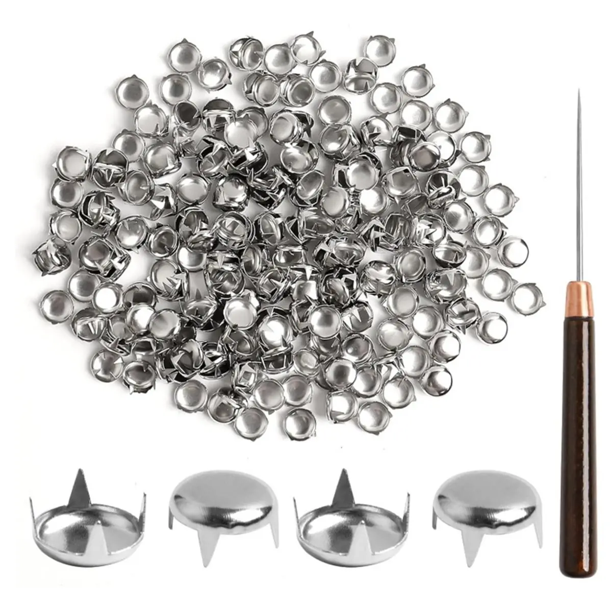 500Pcs 10mm Round Four Claw Rivets Metal Studs Kit with Storage Box & Awl for DIY Leather Craft Shoe-Bag Decoration