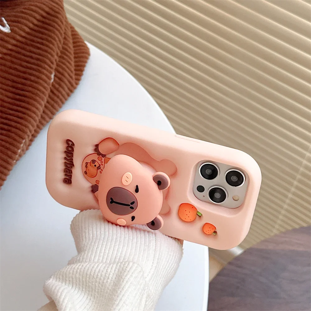 3D cartoon Kapibala holder phone case For Iphone16 15 14 13 ProMax Shockproof silicone soft Cute Anti-drop Shockproof Back Cover