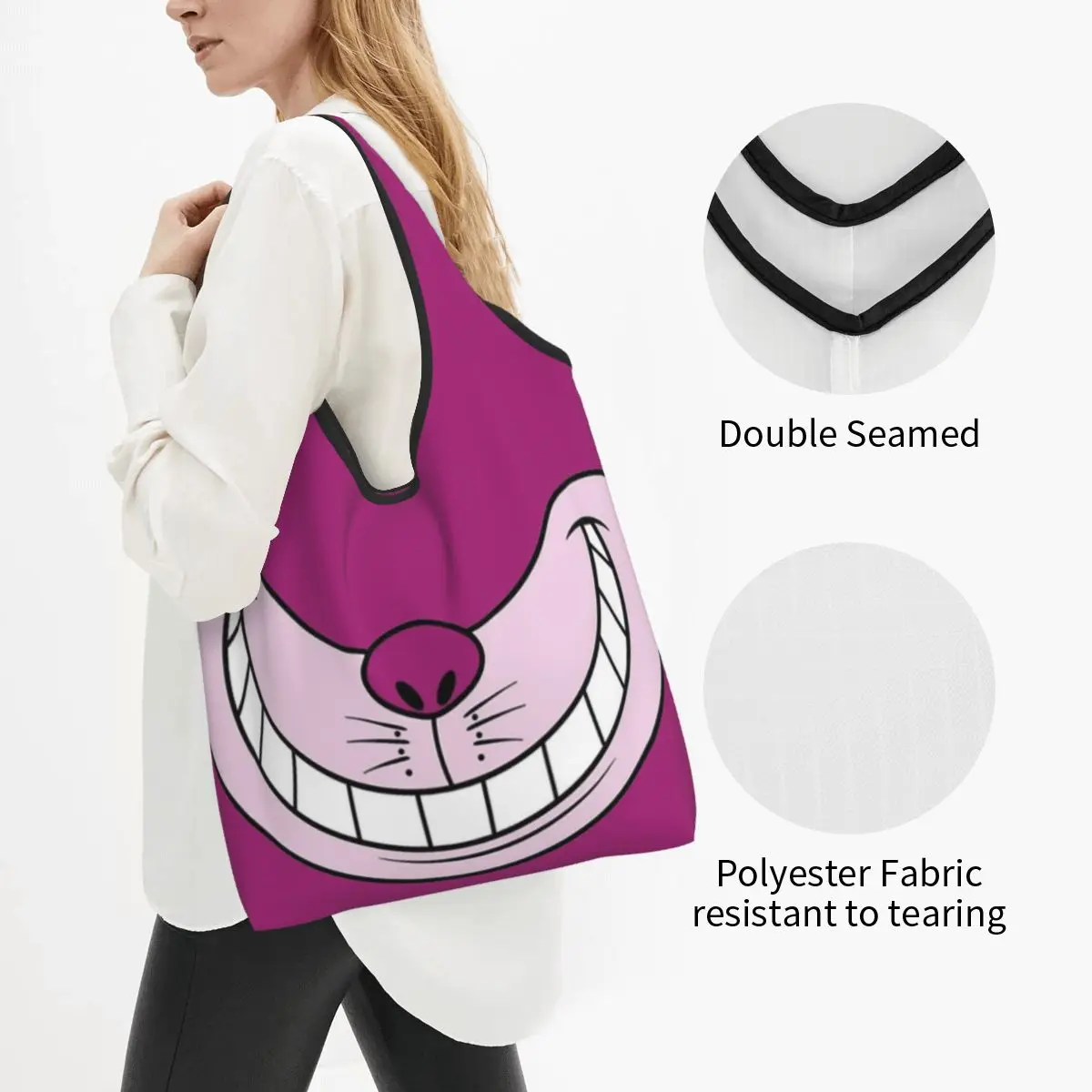 Cheshire The Cat Funny Cartoon Grocery Bag Large Recycle Foldable Shopping Tote Bag Attached Pouch