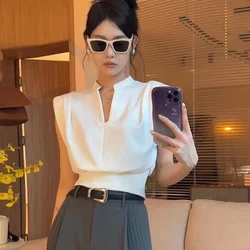 Deeptown Women Blouses V-neck Korean Style Elegant Chic White Sleeveless Shirts Black Crop Tops Office Style Old Money Aesthetic