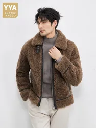 Fashion Men Real Sheep Fur Jacket Zipper Lapel Collar Business Casual Work Wool Coat Winter Thick Warm Loose Fit Overcoat Jacket