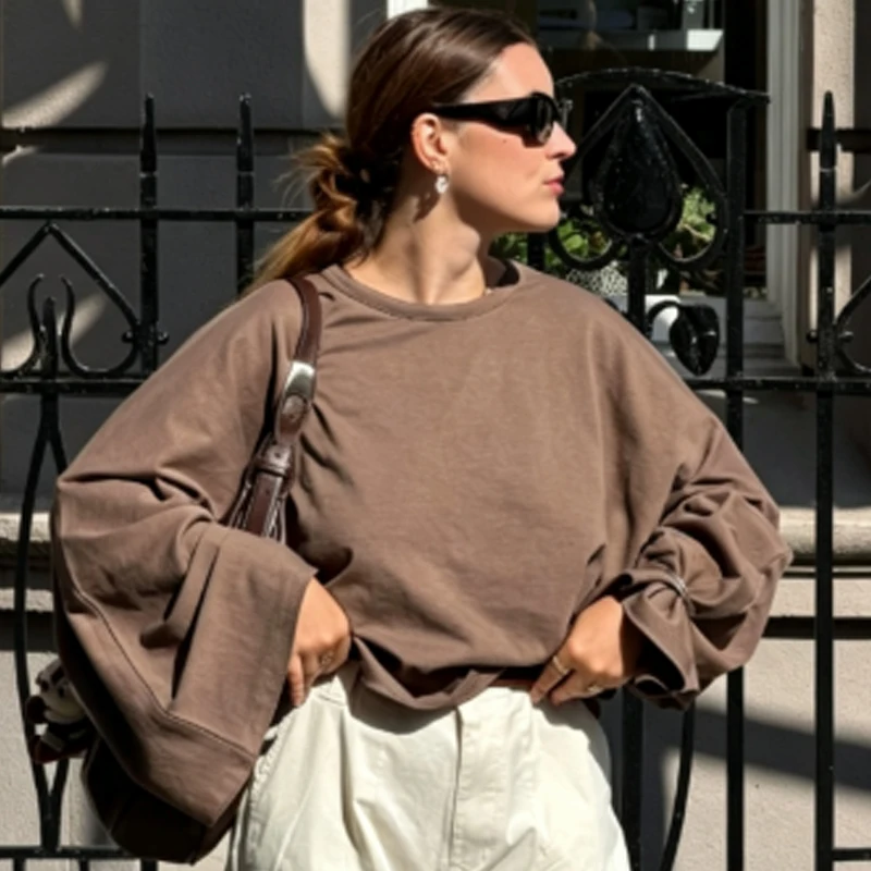 HXAO Cropped Oversized T-Shirt Damen Langarm-Oberteil Herbst 2026 Elegantes Weißes Schwarzes Braunes Oberteil O-Ausschnitt Glockenärmel Basic-Shirt – Detail 10