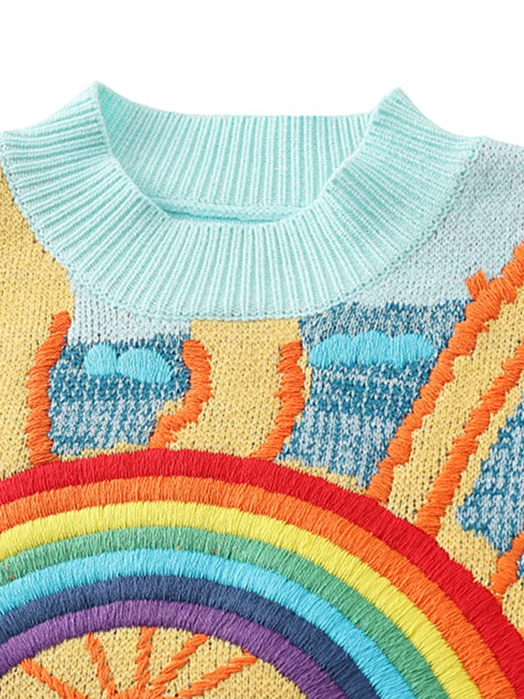 Oversized Sweater Women 2024 Fashion Rainbow Striped Embroidered Letters Knitted Pullovers Loose Casual Streetwear Tops C-119