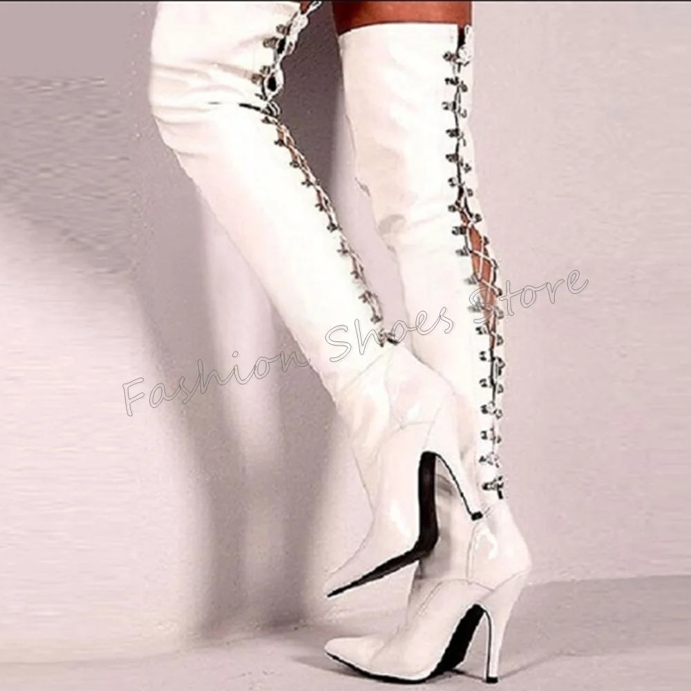 

White Back Strap Pointed Toe Boots Knee High Stilettos High Heels High Heel Shoes for Women Heels 2024 New Zapatos Para Mujere