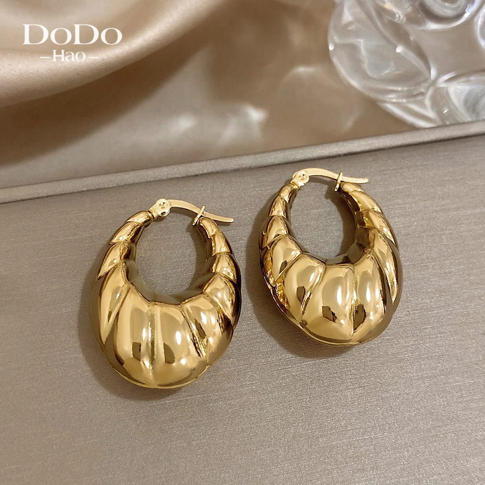 DODOHAO Exaggerated Hollow Rib Water Drop Earrings Fashion Geometric Stainless Steel Texture Waterproof Women Trendy Jewelry New