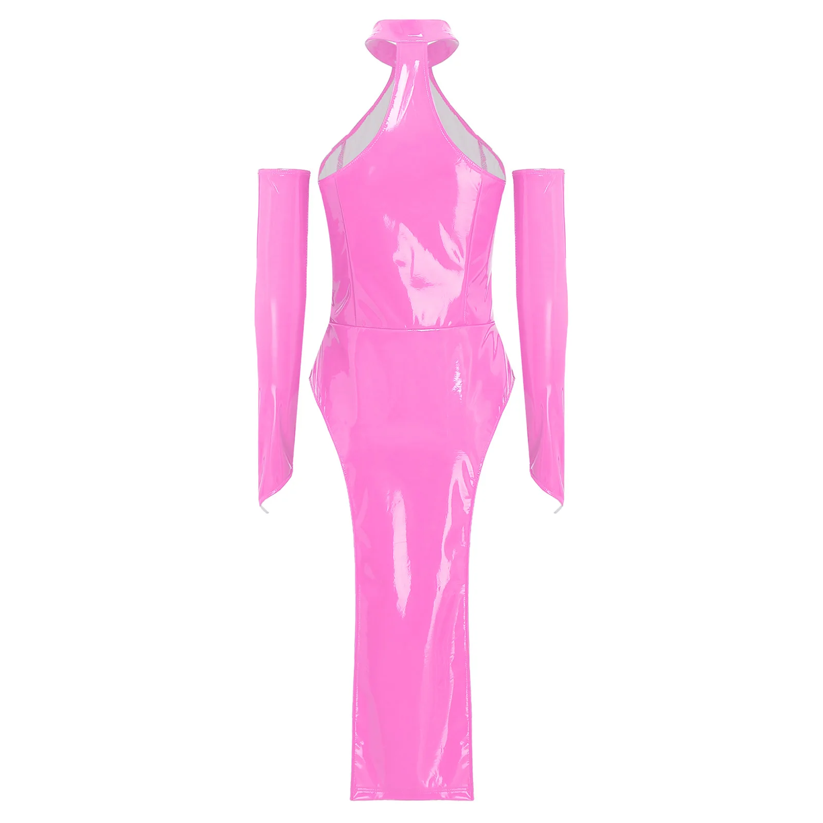 Womens Wet Look Patent Leather Dress with Removable Sleeves Halter Sleeveless Bodycon Dress Tempting Knee-length Dress Club Wear
