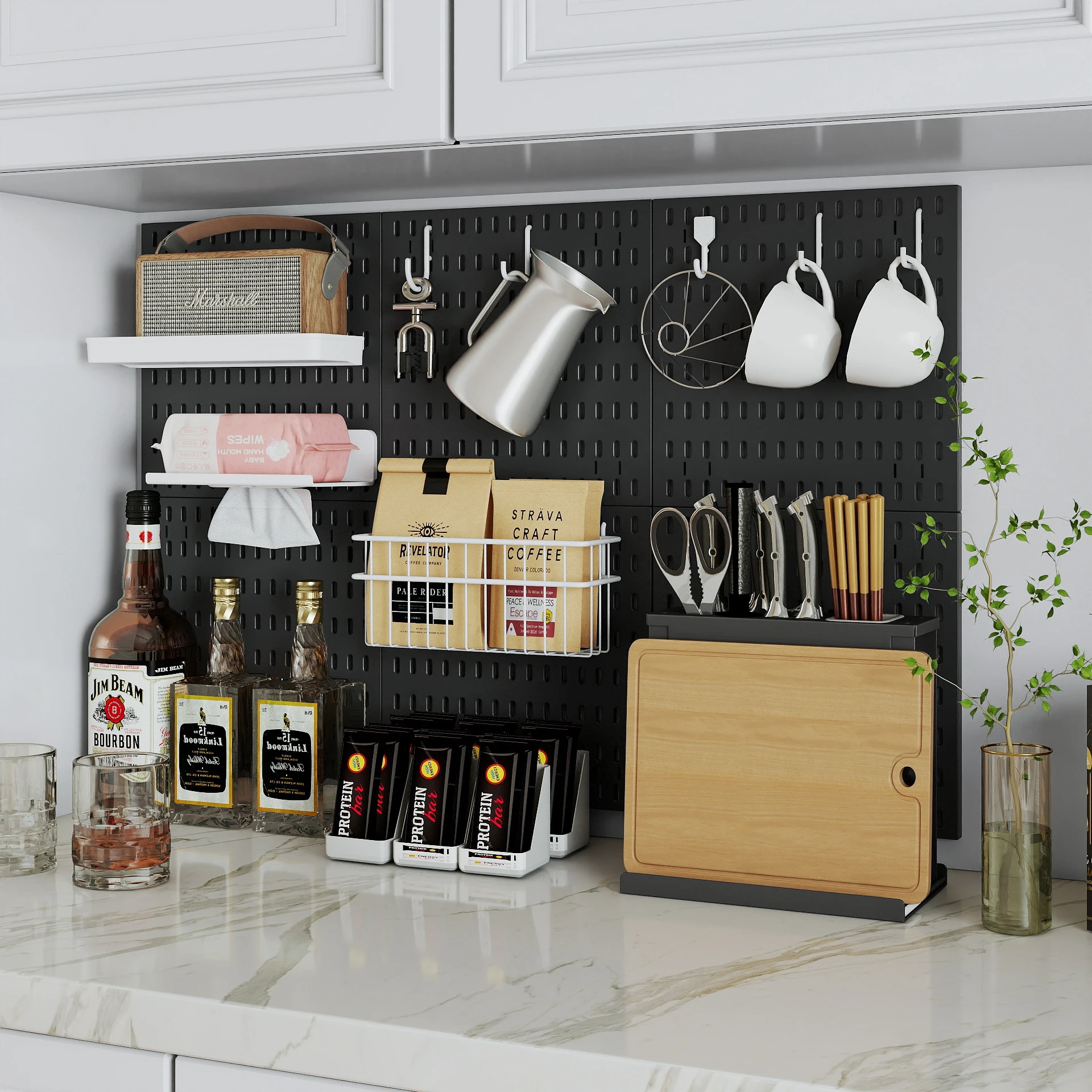 Drill Free Pegboard Wall Organizer For Coffee Corner Coffee Cup Bean Tool Storage Shelf Hooks Display Kitchen Decor