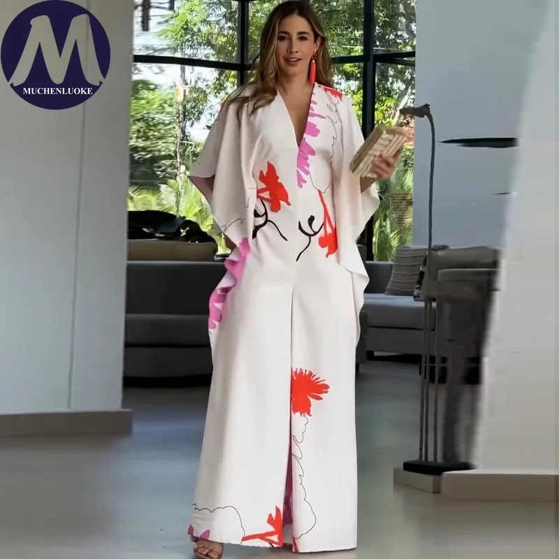 Women's Summer Wide-Leg Jumpsuit V-Neck Print Three Quarter Sleeve Casual Loose Fit Jumpsuits Fashionable for All Seasons