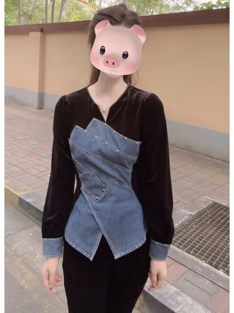 Faionable Patchwork Design irt polyvalent Sle coréen coupe ample longue effet amincissant tenue quotidienne haut pour femme