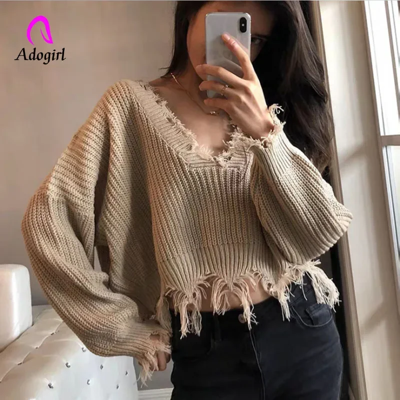 Distressed Women Sweater Autumn Winter Baggy Pullovers Off Shoulder Cropped Sweatshirt Bottom Tassel Fashion Plain Color Sweater