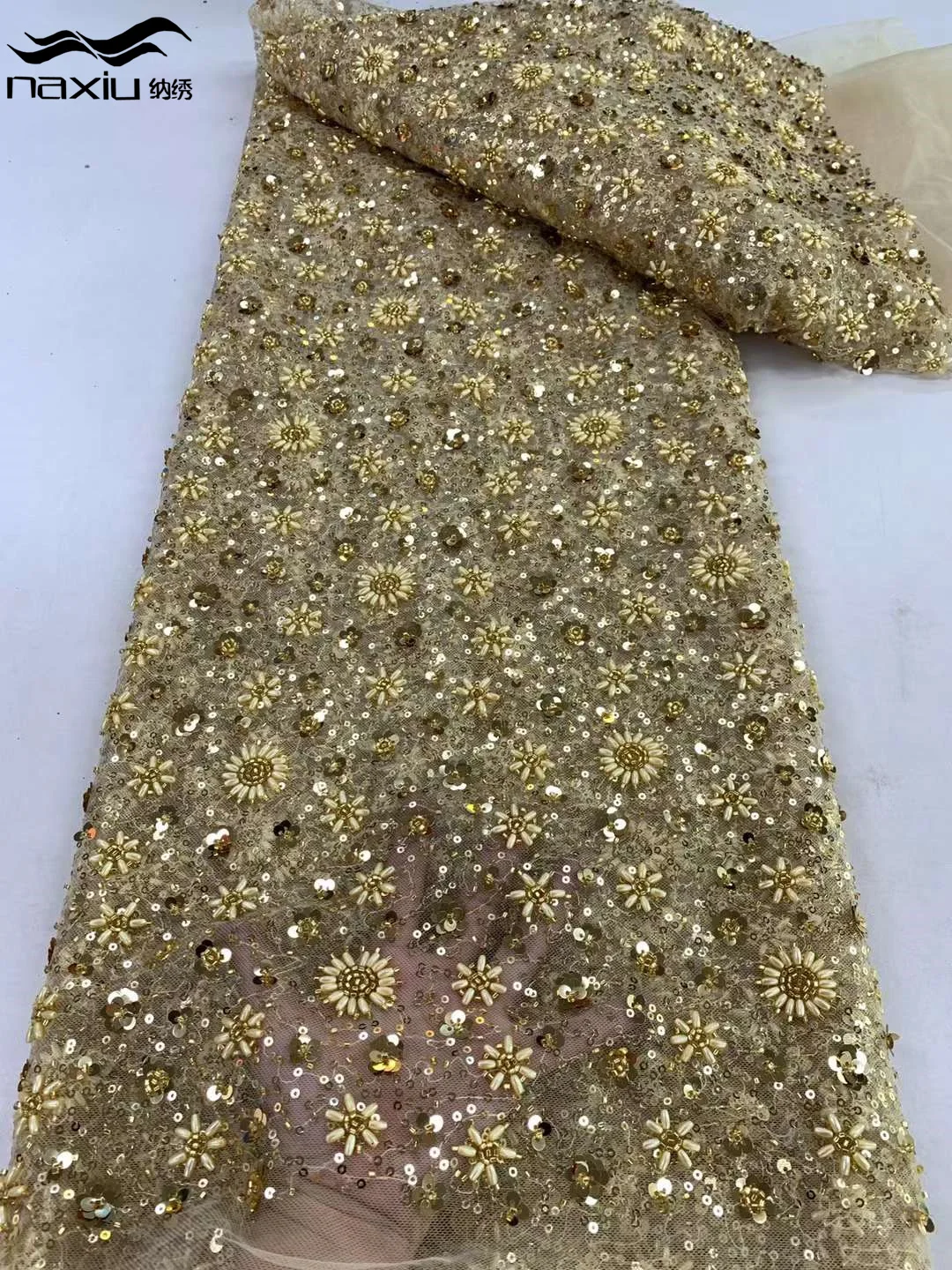 Madison 2024 Latest French Elegant Gold Tulle Lace Fabric High Quality African Net Lace Fabrics Luxury Sequins For Evening Dress