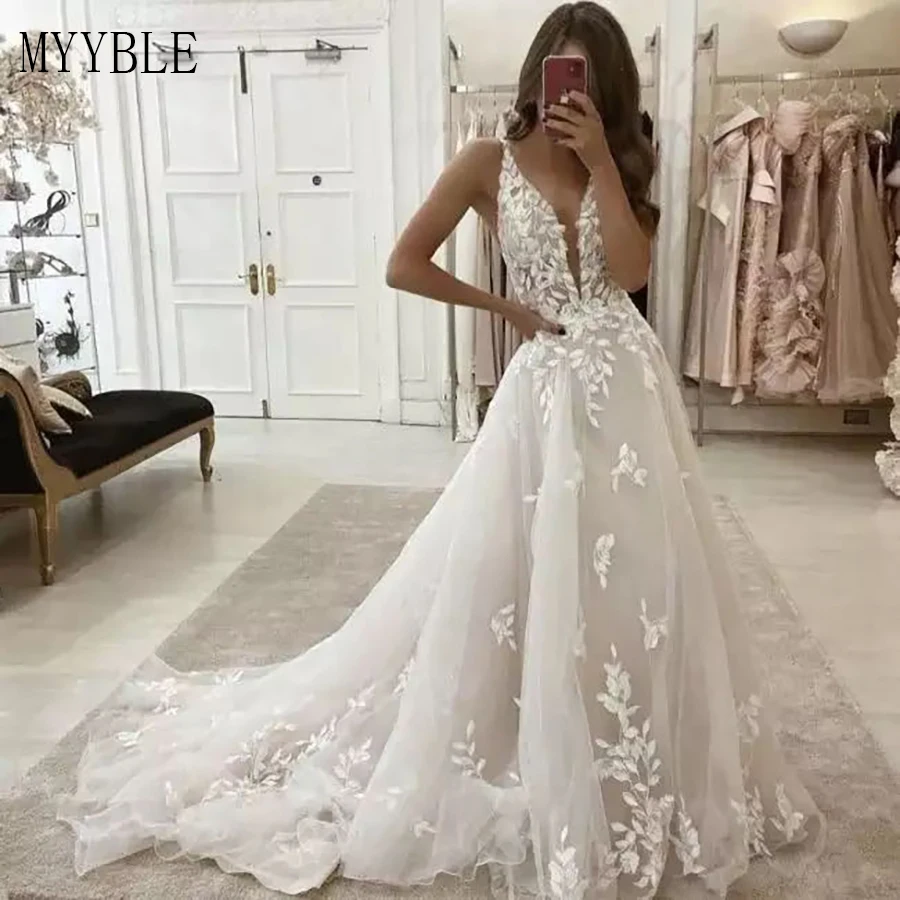 Myyble personalizado vestidos de casamento bohemia com decote em v praia vestido de noiva vintage a linha apliques vestido de novia para mulher