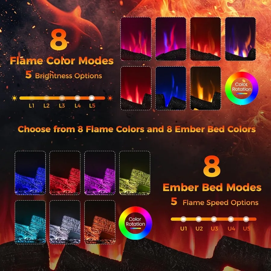 36 مدفأة كهربائية إدراج 3-Sided عرض مدفأة زجاجية مع 7 ألوان لهب عن بعد 9H الموقت ترموستات داخلي راحة F