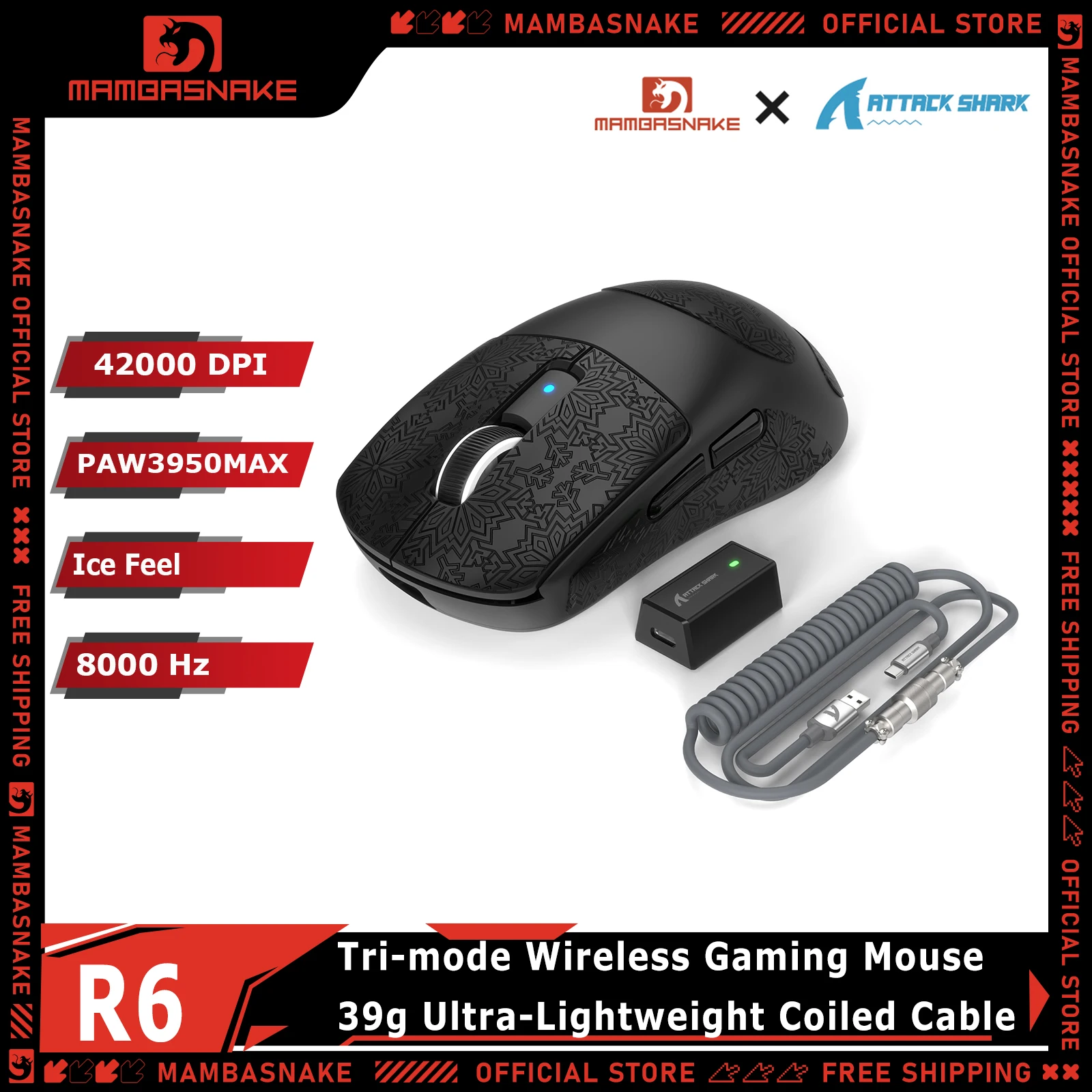 ATTACK SHARK R6 Tri-Mode Wireless Gaming Mouse With Coiled Cable PAW3950MAX 42000 DPI 8K Hz RGB Ultra-Light 39g For PC Gamer