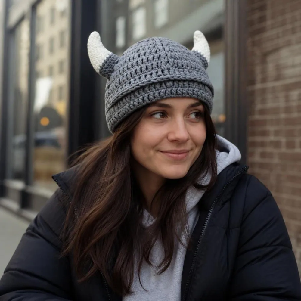Funny Handmade Horn-shaped Hat Soft Crochet Knitted Wool Hat Cozy Breathable Winter Warm Cap Funny Costume